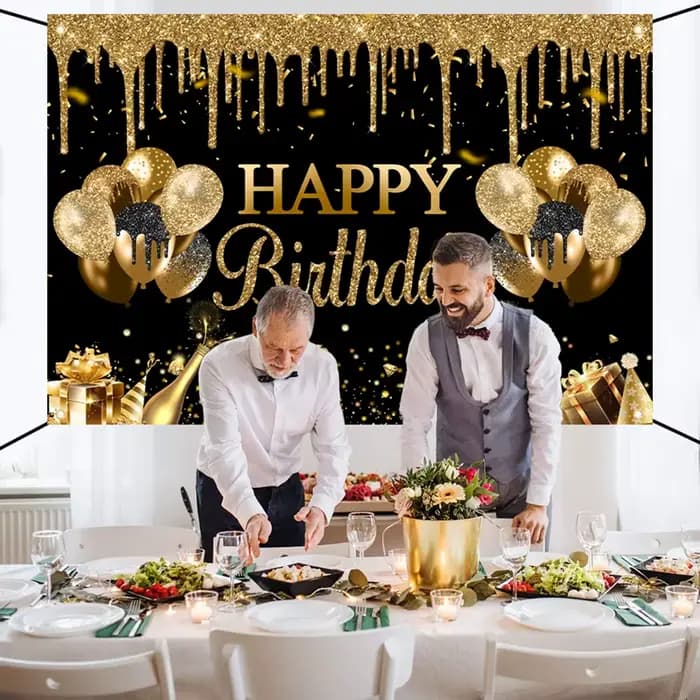 Tissu de fond en Polyester pour fête d'anniversaire à paillettes dorées, bannière d'arrière-plan parfaite pour la fête à thème de joyeux anniversaire pour adultes en or noir