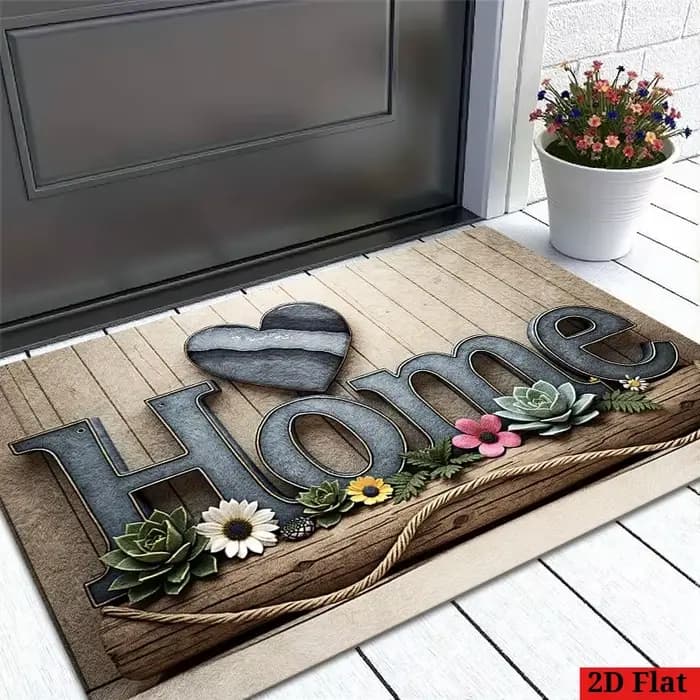 Paillasson rustique « Home » – Style bois avec cœur et fleurs pour entrée intérieure/extérieure et décoration de jardin 40x60cm 50x80cm