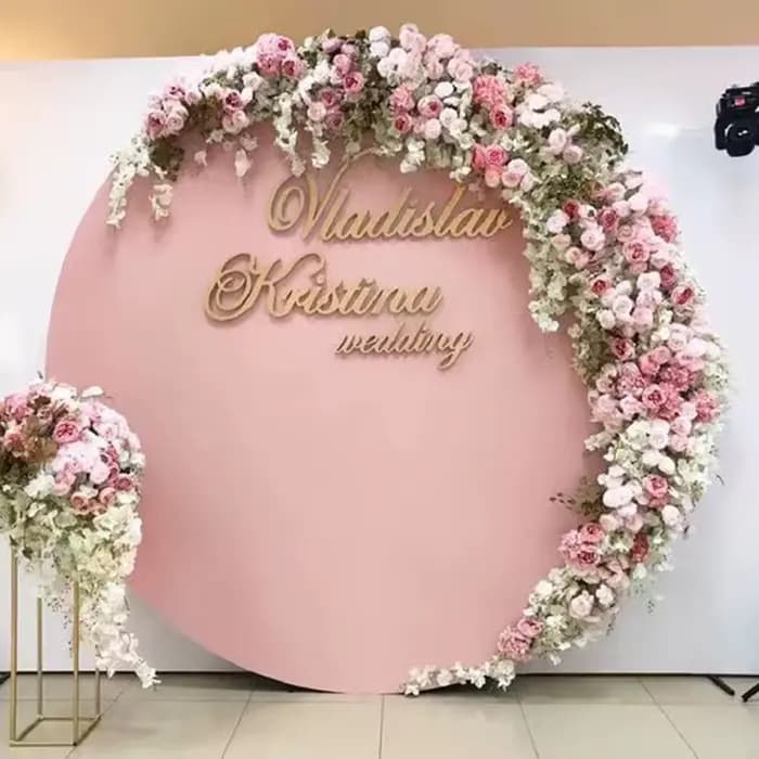 Toile de fond circulaire rose pour fête d'anniversaire, Logo personnalisé, décor d'événement de luxe en Pvc, cadre circulaire, support mural pour arrière-plan de mariage
