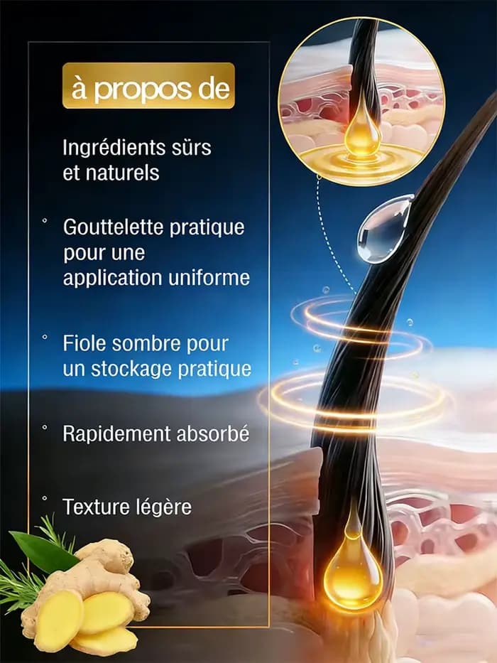 Nourrit les racines des cheveux, répare les dommages à la racine et fait apparaître des cheveux plus épais