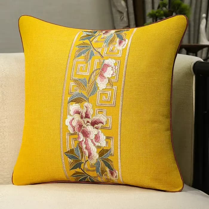 Housse de coussin en lin-coton européen, brodée à la main, motif floral, classique, élégante, pour canapé, salon, décoration de la maison