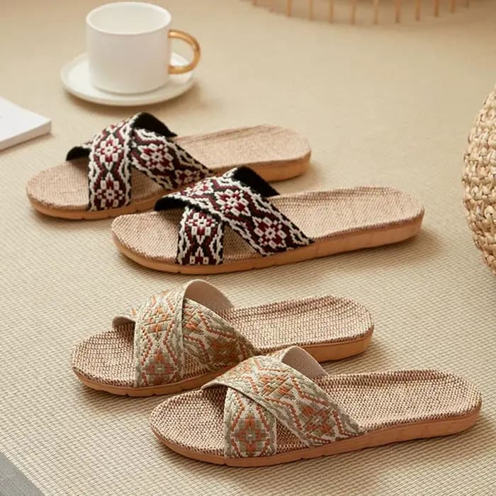Pantoufles d'intérieur en lin pour femmes, chaussures de maison, style bohème, à lanières croisées géométriques, respirantes et antidérapantes pour chambre à coucher