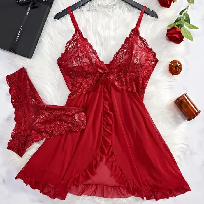 Chemise de nuit transparente en dentelle rouge pour femmes, sous-vêtements Sexy, vêtements de nuit, ensembles robe et culotte, été