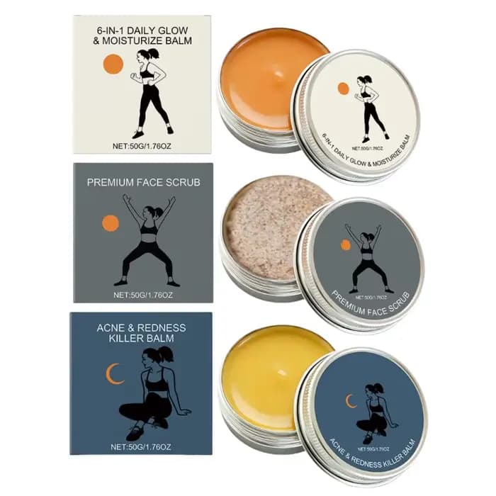 3 types de soins pour la peau du visage - Baume anti-acné et anti-rougeurs, baume hydratant et illuminateur quotidien, gommage visage, exfoliant, contrôle du sébum