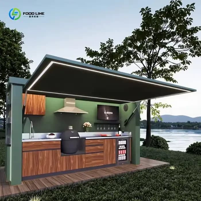 Cuisine extérieure électrique élégante et personnalisée avec évier et réfrigérateur intégrés, installation rapide pour les réceptions dans la cour.