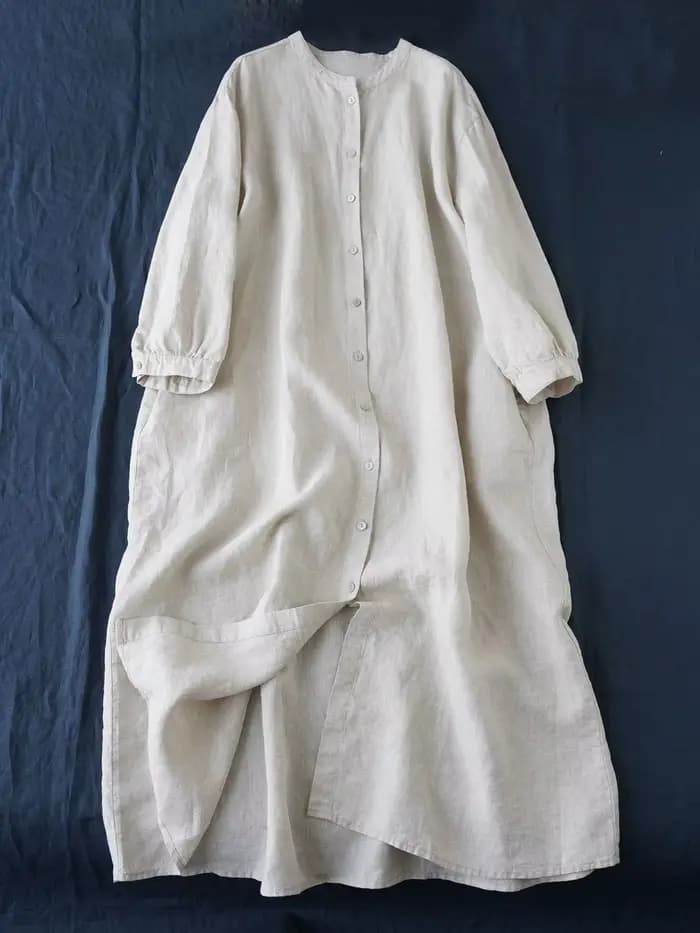 Robe longue en coton et lin, col montant artistique, chemise longue, en pur lin, coupe ample, 2025