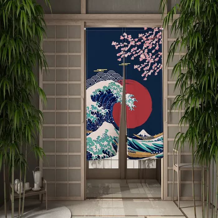 Rideau de porte solaire rouge ondulé japonais, Noren, cuisine, salle à manger, salon, cloison de chambre à coucher, demi-rideaux occultants, 2 panneaux