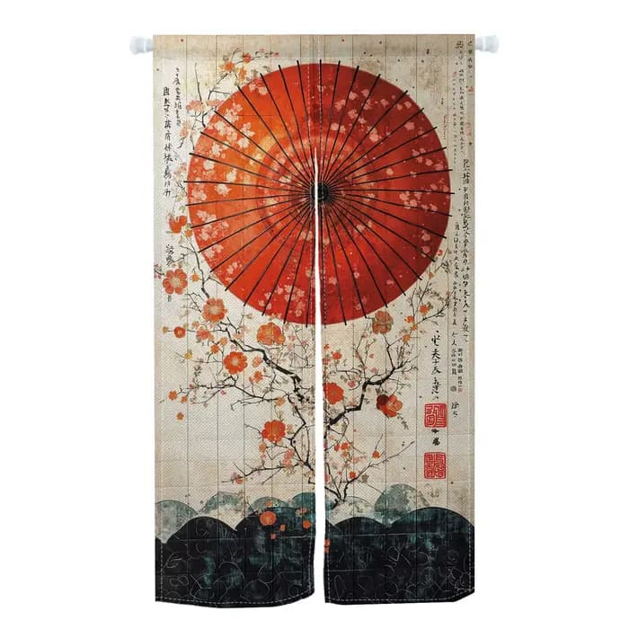 Rideaux de porte Noren japonais en lin, motifs fleurs de cerisier et parapluies rouges, pour décoration intérieure, rideaux semi-transparents pour cuisine