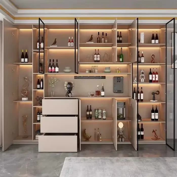 Armoire de cuisine avec portes en verre, grands buffet, armoire MELWine, poinçon de garde-manger avec étagères, îlot de cuisine