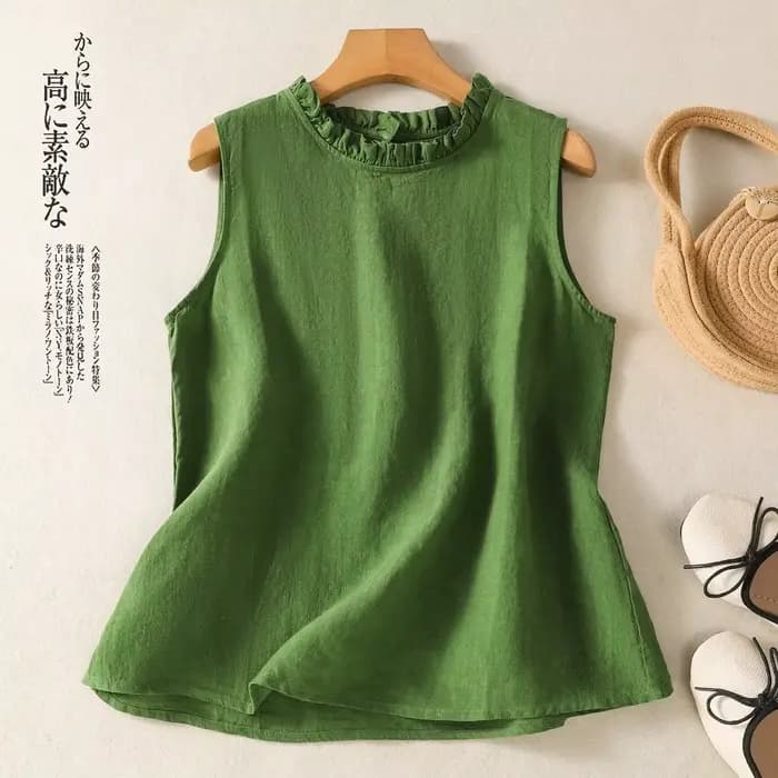 T-shirt en coton et lin pour femmes, nouvelle collection d'été, mode rétro Chic, élégant, assorti avec tout, sans manches, col Lotus, gilet décontracté