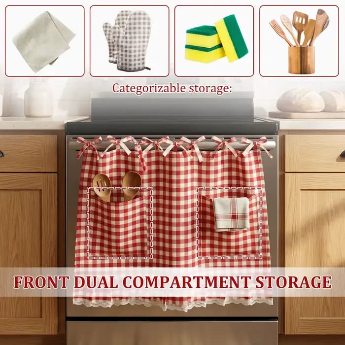 Jupe de four en lin décorative à carreaux pour cuisine, rideau de protection pour lave-vaisselle, jupe de cuisinière avec poches et dentelle, à nouer