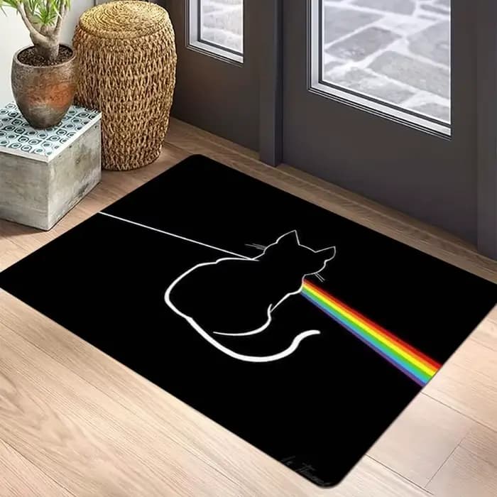 Paillasson chat arc-en-ciel – Design de dessin animé drôle noir avec impression de spectre de couleur, tapis d'entrée antidérapant pour une décoration de maison unique à la mode