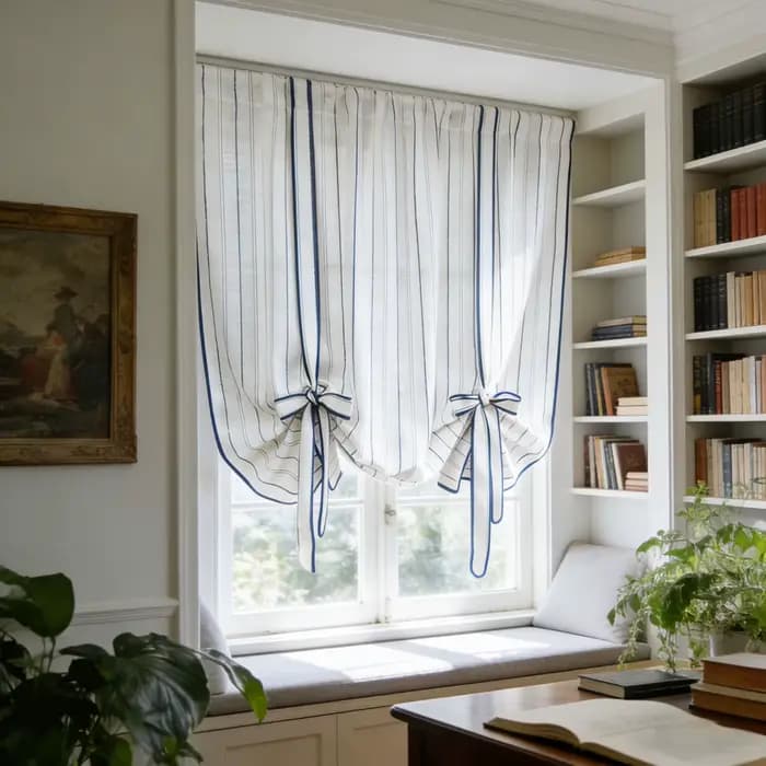 Rideau à nouer à rayures bleues et blanches, voile transparent de type lin pour salon, chambre à coucher, petite fenêtre, décoration intérieure