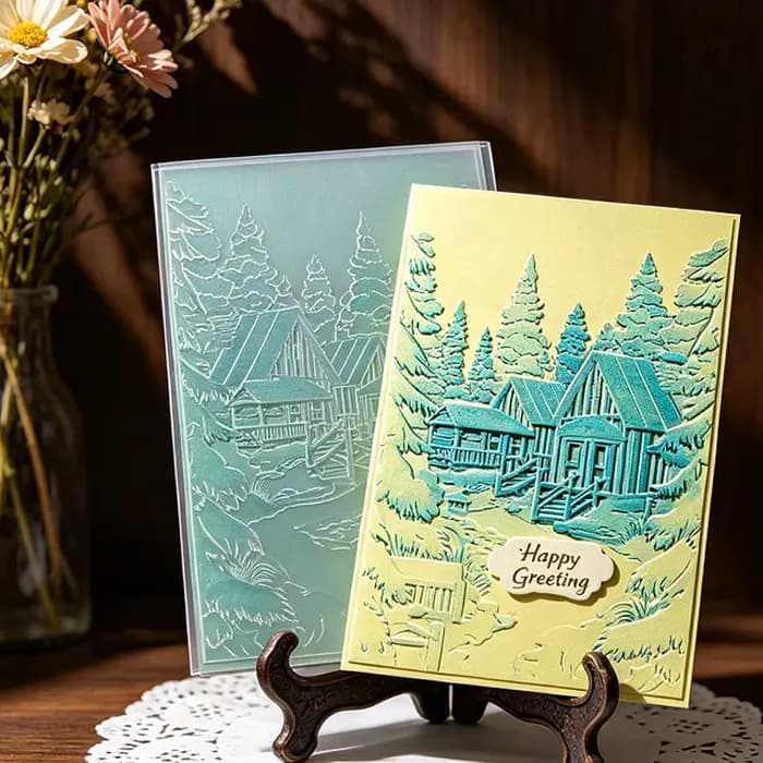 Carte de vœux artisanale en bois de forêt, motif paysage nordique en relief, avec bordure en bois massif.
