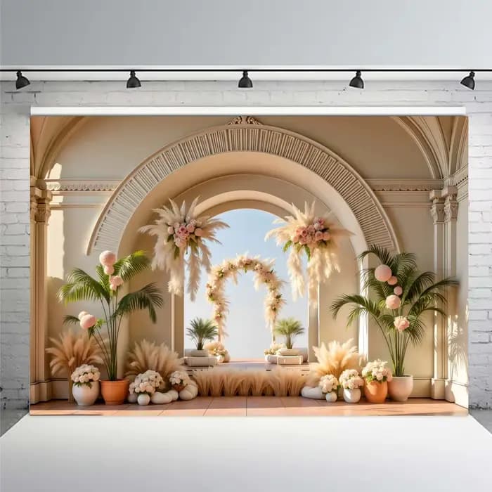 Toile de fond photographique pour mariage, fête, douche nuptiale, portrait de fille, maternité, avec arche européenne, mur fleuri et décor de fête