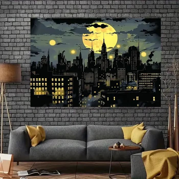 Fond de super-héros City : horizon vibrant, pleine lune et motif chauve-souris - Parfait pour la photographie, les fêtes et la décoration