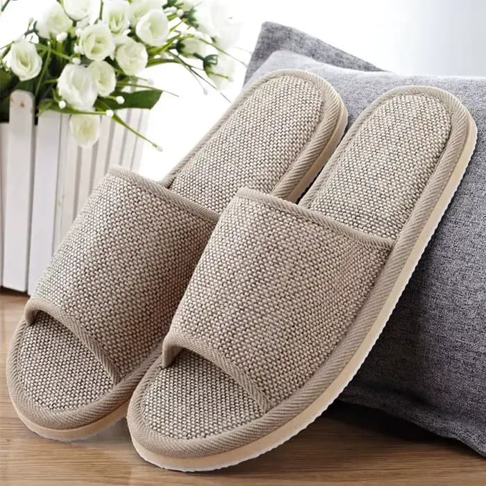 Chaussons d'intérieur en lin à bout ouvert pour femmes et hommes, respirants, légers et confortables, chaussures décontractées à enfiler