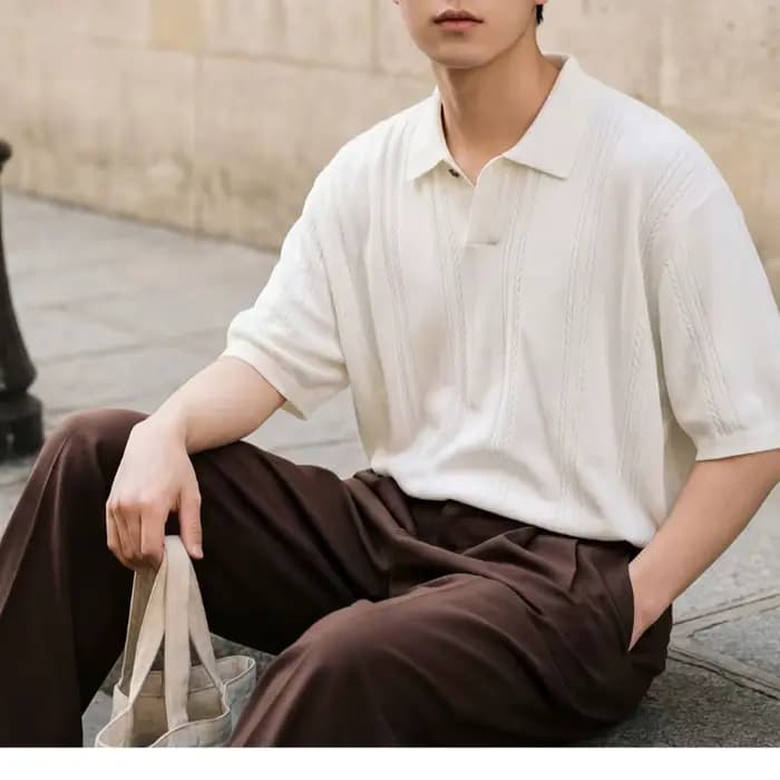 T-shirt à manches courtes en tricot texturé torsadé pour homme, couleur unie, style polo rétro décontracté, été