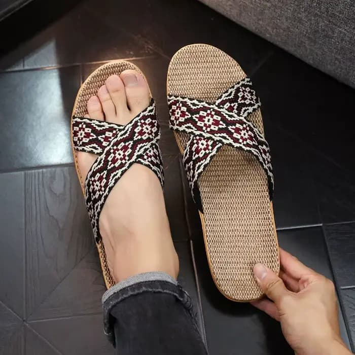 Pantoufles d'intérieur en lin pour femmes, chaussures de maison, style bohème, à lanières croisées géométriques, respirantes et antidérapantes pour chambre à coucher