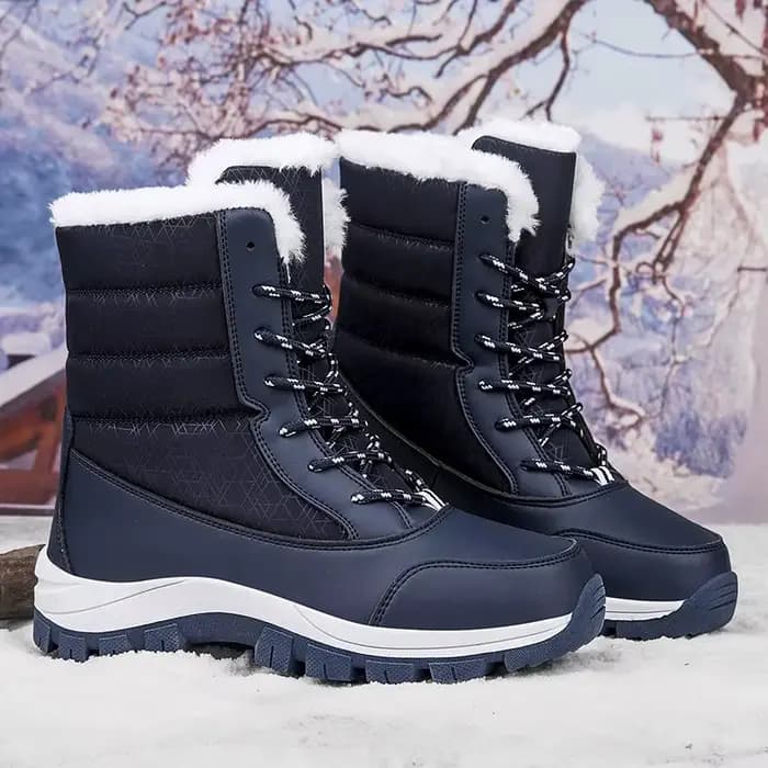 Bottes d'hiver chaudes doublées de polaire, mi-hautes, imperméables et coupe-vent en similicuir pour femme, avec semelle extérieure en caoutchouc confortable