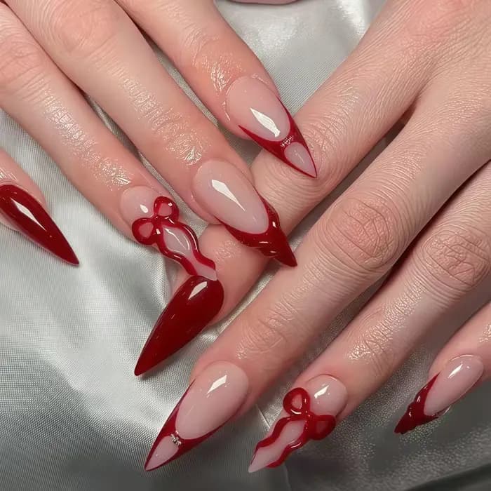 24 faux ongles rouges en forme de nœud, style manucure française, nude mat, en forme d'amande, ornés de nœuds et de perles blanches