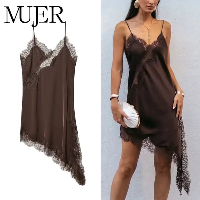 MUJER dentelle Slip Mini robe femmes Satin dos nu robe d'été femme asymétrique fête femmes robe Sexy robes de plage pour les femmes