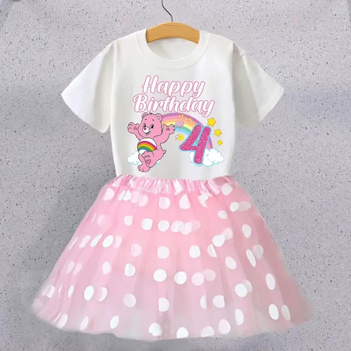 Ensemble T-shirt et jupe d'anniversaire Care Bears pour enfants, T-shirt à motif de personnage de dessin animé, jupes roses Kawaii, vêtements à manches courtes, cadeau