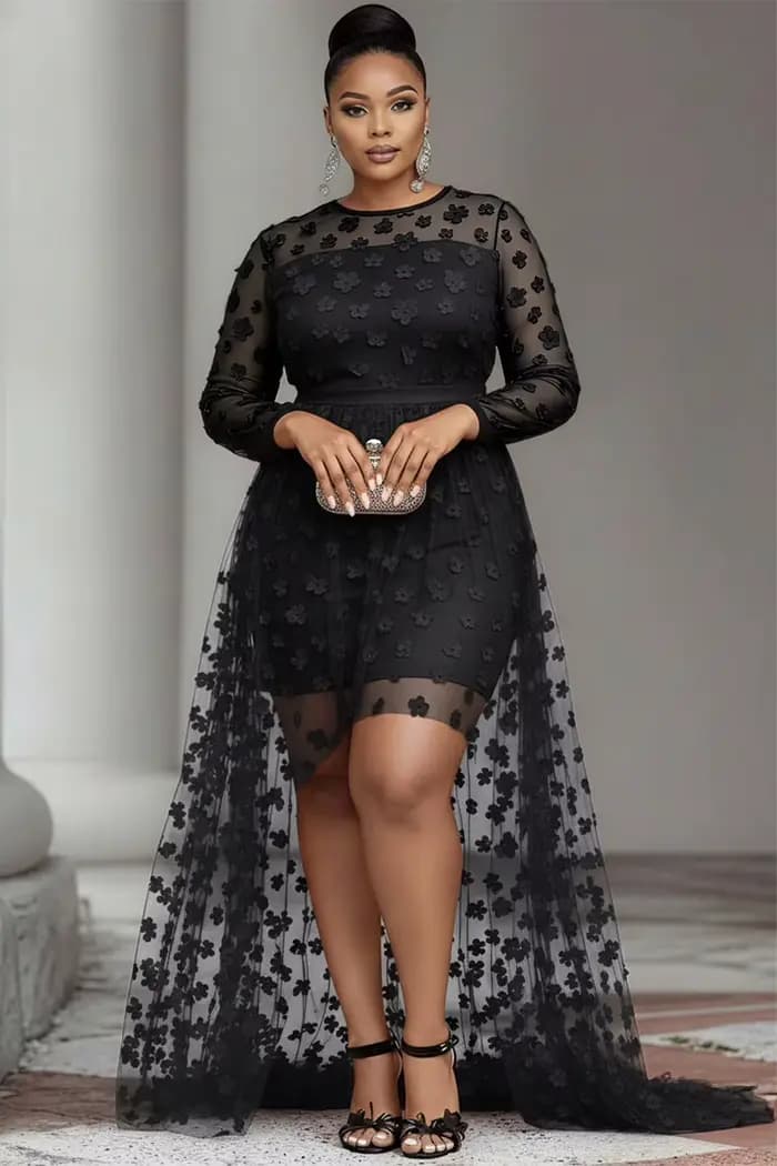 Grande taille fête rouge col rond manches longues haut bas ourlet élégant voir à travers Tulle Mini robes