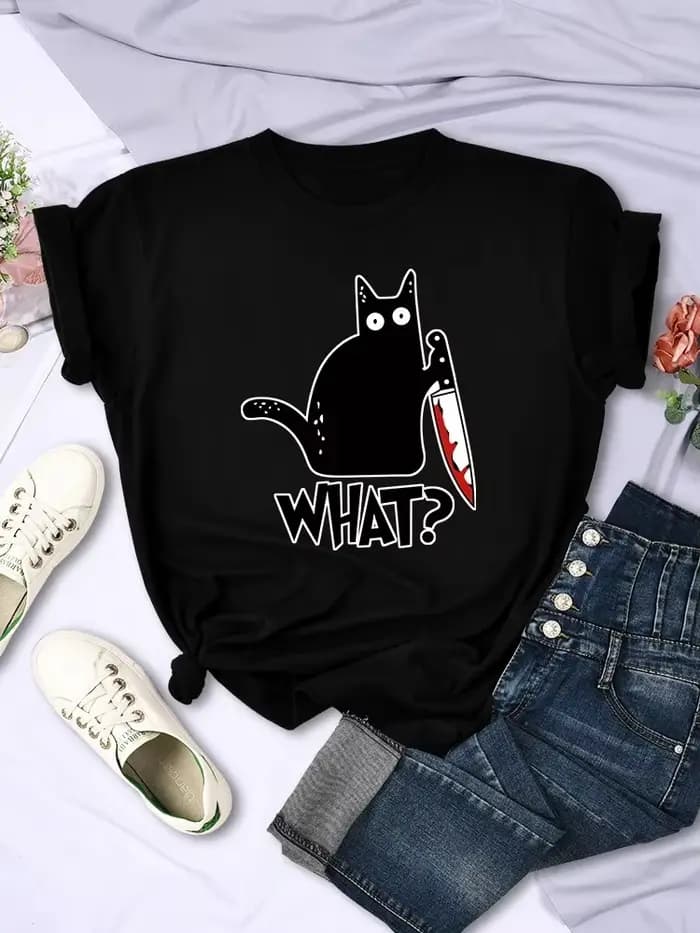 Couteau de cuisine Black Cat Quel? T-Shirts à manches courtes imprimés pour femmes, T-Shirts respirants à la mode, hauts d'été Cool, Streetwear