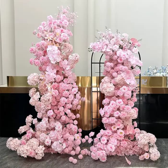 Décoration d'arche de fond KT avec arrangement floral 5D rose, rangée de fleurs d'hortensia, d'orchidée et de rose, accessoires de mariage et centre de table sphérique