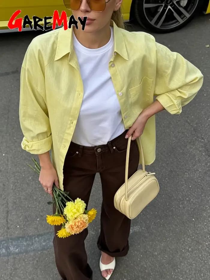 Chemise en lin pour femme, manches longues, blouses élégantes, haut basique, col jaune, bleu, chemise en coton pour femme