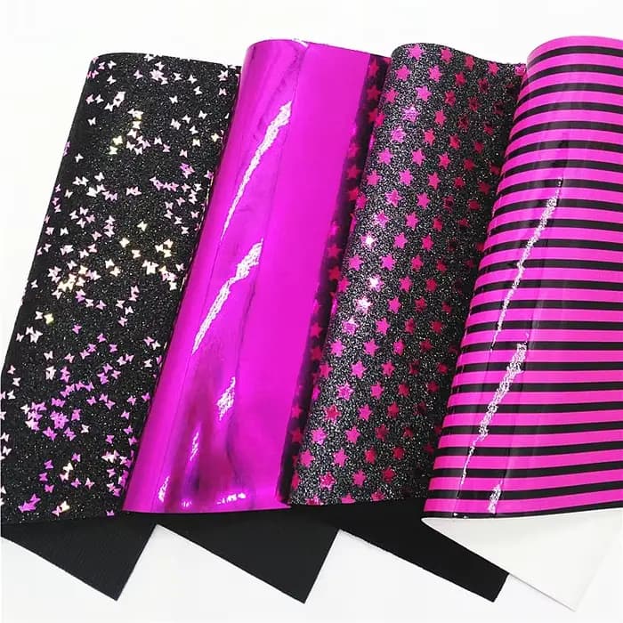Cuir synthétique à paillettes noires avec étoiles et papillons de couleur Rose, rayures brevetées, miroir, Faux cuir pour nœuds, DIY, 21x29CM Q1304