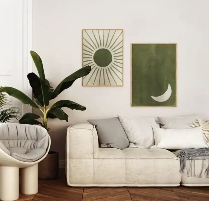 Abstraction d'art mural vert sauge, art mural vert olive, soleil et lune, un ensemble de 2 impressions, art de jour et de nuit, peinture sur toile sans cadre
