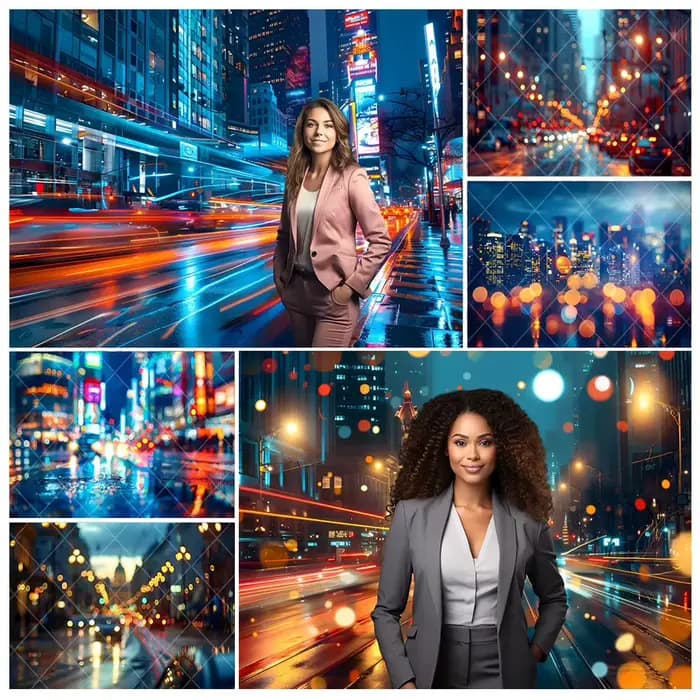 Toile de fond Big City pour la photographie, vue nocturne de la ville moderne, gratte-ciel, lumière urbaine, horizon, bannière de fête d'anniversaire