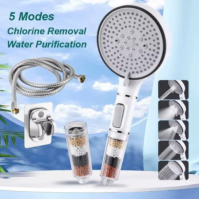 Pommeau de douche de salle de bain avec bouton d'arrêt, 5 modes, filtre anti-calaire, hygiénique, élimine le chlore, pomme de douche à main, Filtration