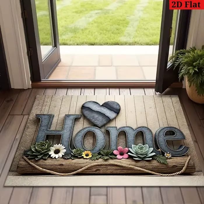Paillasson rustique « Home » – Style bois avec cœur et fleurs pour entrée intérieure/extérieure et décoration de jardin 40x60cm 50x80cm