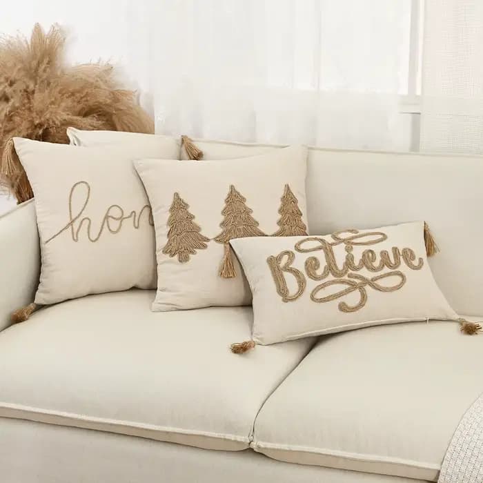 Housse de coussin en lin avec corde brodée, motif lettres et feuilles, franges, glands, luxe élégant, style Boho, taie d'oreiller pour canapé, décoration de la maison
