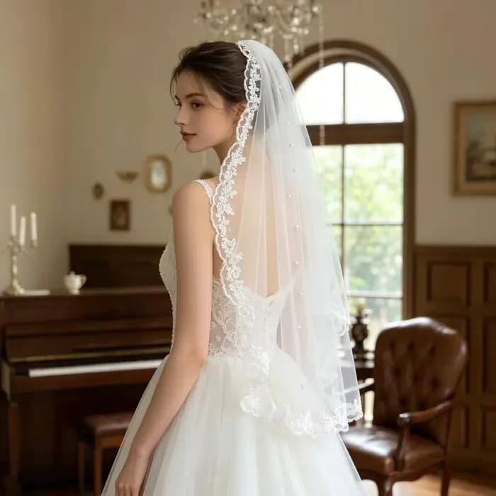 Voiles de mariée SLBRIDAL à une couche en dentelle avec bordure florale et perles, avec peignes, accessoires de mariage pour la mariée