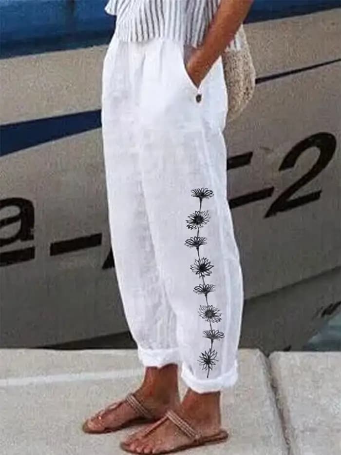 Pantalon en coton et lin pour femmes, streetwear décontracté, élégant, imprimé floral, poche, printemps, été, nouveau