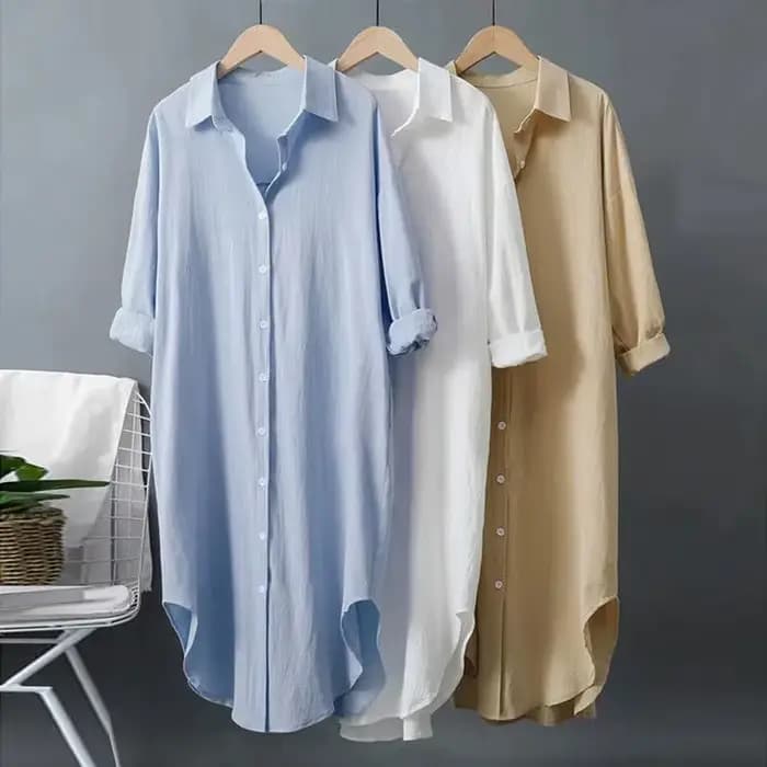 Chemise en coton et lin, collection Printemps-Été 2026, coupe ample et décontractée, style chemise-jupe mi-longue