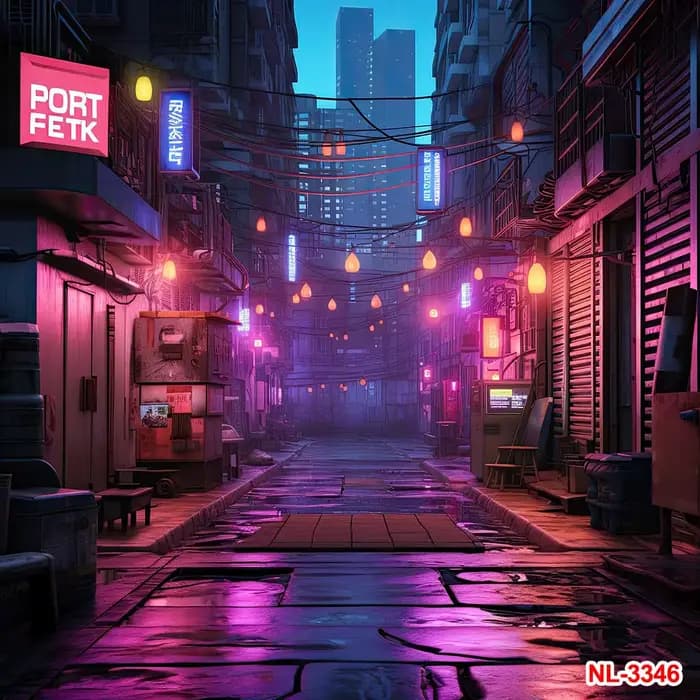 Décors de néon modernes photographiques de vue de rue de nuit de ville, scène future de science-fiction, arrière-plans d'art de portrait, décor de mur, photo de studio