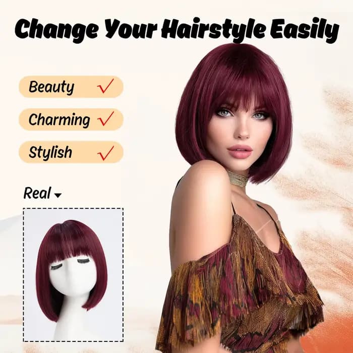 Perruque synthétique couleur vin rouge, style bob, pour fête, perruque cosplay d'Halloween, ensemble de perruques résistantes à la chaleur pour usage quotidien