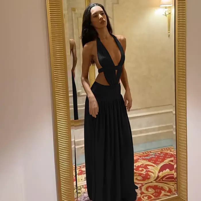 CHNMR Robe longue rouge pour femme, col licou, décolleté plongeant en V, taille découpée, robe de soirée sexy dos nu, pour soirée et bal de promo, nouvelle robe élégante