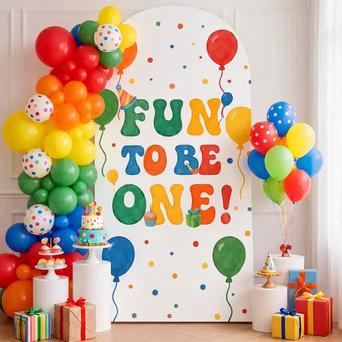 Housse d'arche d'arrière-plan pour anniversaire 'Fun to Be One', avec ballons colorés et motifs à pois, pour le premier anniversaire des enfants, la fête prénatale et accessoires photo