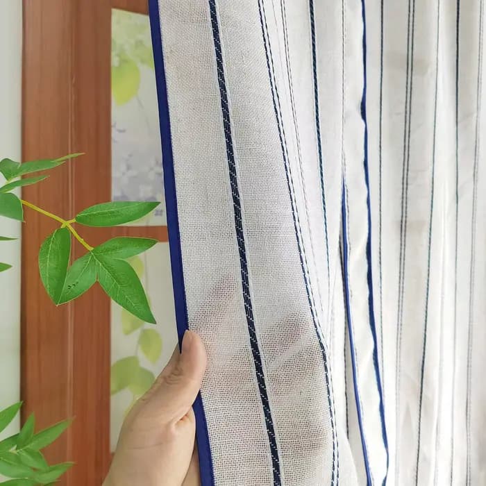 Rideau à nouer à rayures bleues et blanches, voile transparent de type lin pour salon, chambre à coucher, petite fenêtre, décoration intérieure