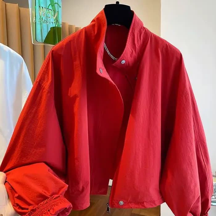 Veste décontractée à col montant pour femme, manteau ample et court et fin, rouge, nouvelle collection printemps et automne 2025
