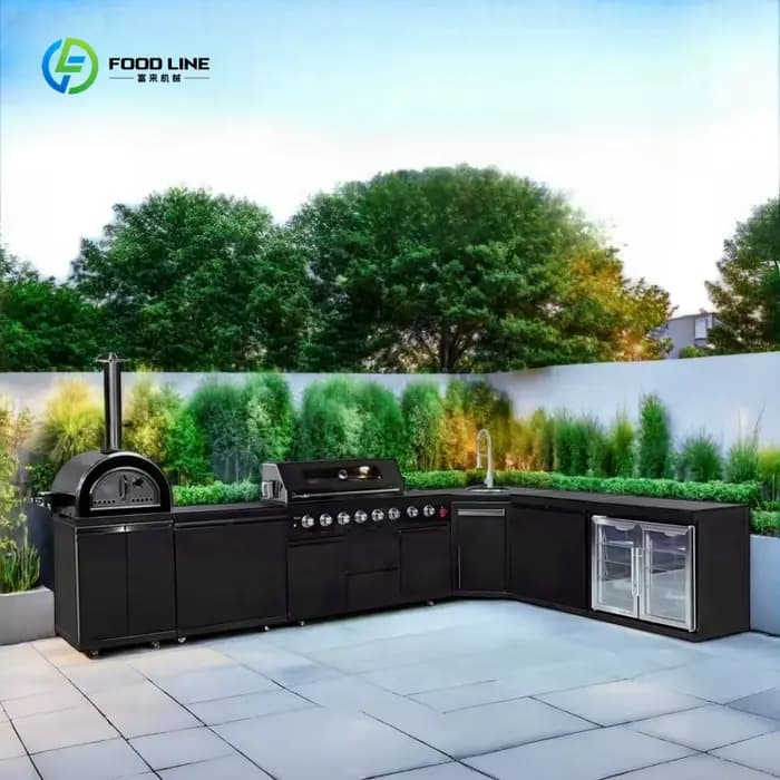 Îlot BBQ personnalisé, cuisine extérieure, grill, armoires de cuisine complètes, cuisine extérieure en forme de L, armoire BBQ en acier inoxydable noir