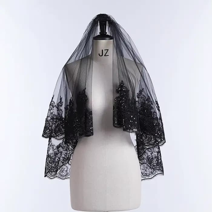 Nouveauté Voile De mariée 2 couches blanc ivoire noir bord appliqué voiles De mariée court noir dentelle voiles De mariée Velo De Novia