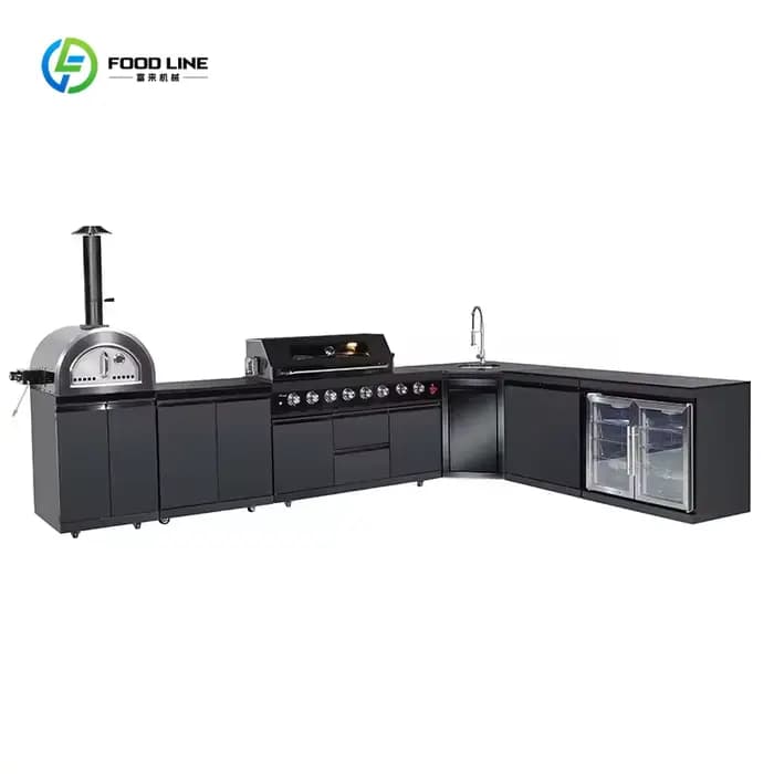 Îlot BBQ personnalisé, cuisine extérieure, grill, armoires de cuisine complètes, cuisine extérieure en forme de L, armoire BBQ en acier inoxydable noir