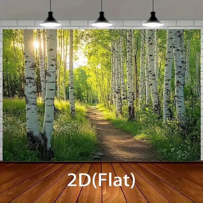1 fond de sentier de forêt de bouleau ensoleillé - fond de fête de scène de forêt 2D vibrante